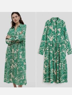 H&M Shirt Dress Green Leaf Print Cottagecore Y2K Retro Flowy